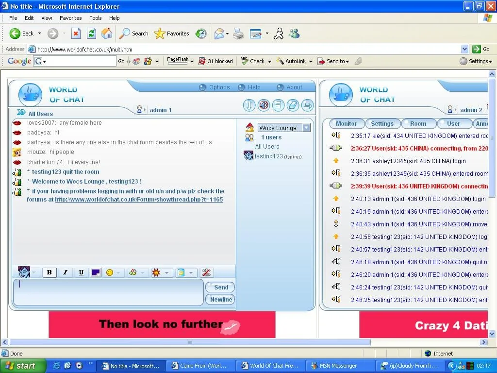 Two 123 Flash Chat windows open side by side, showing a chat room and a monitor panel