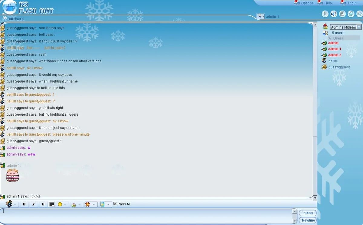 Blue winter themed 123 Flash Chat room with snowflakes, user list and message window