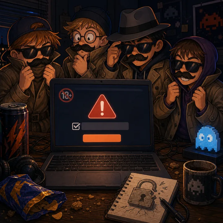 Laptop with a warning screen while disguised young users try to look older