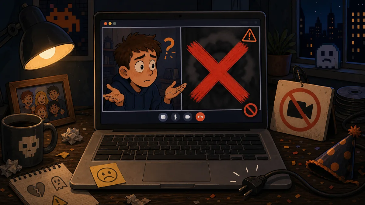 Laptop showing an anonymous video chat screen with one side covered by a red censor mark