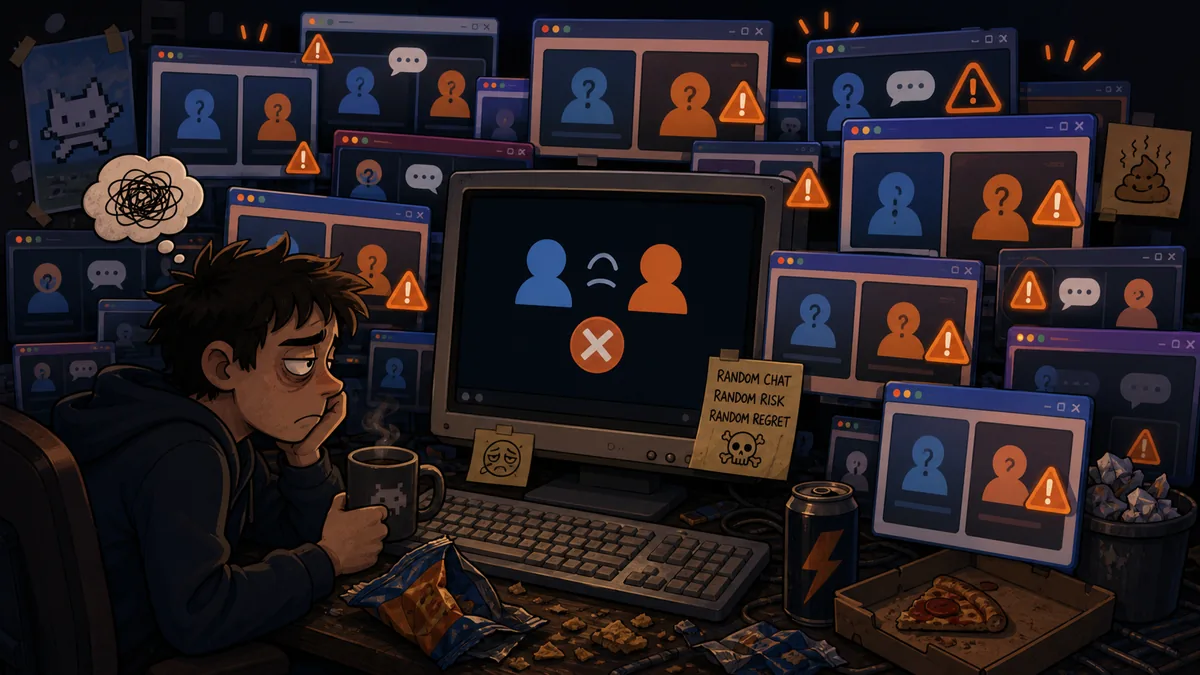 Overwhelmed user looking at many anonymous chat windows with warning icons