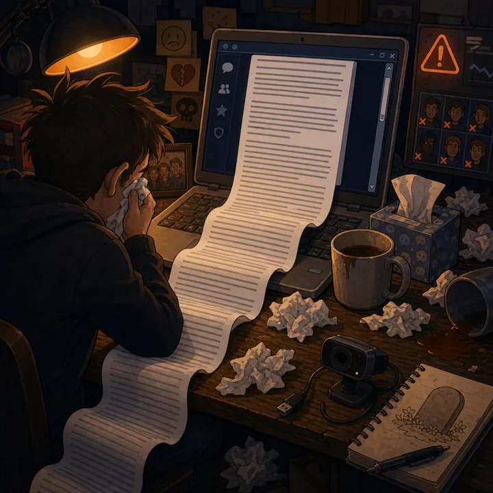 Person reading a very long farewell letter on a laptop surrounded by tissues and warning icons