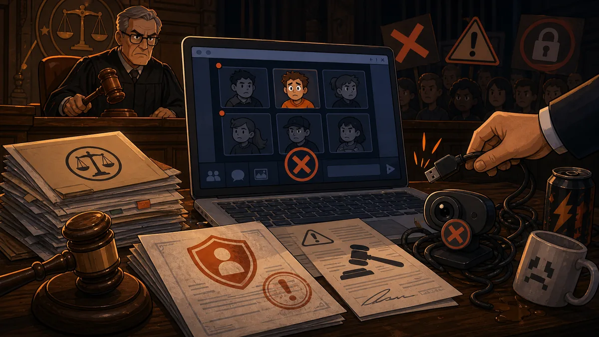 Cartoon legal desk with a gavel, warning icons and an unplugged chat screen