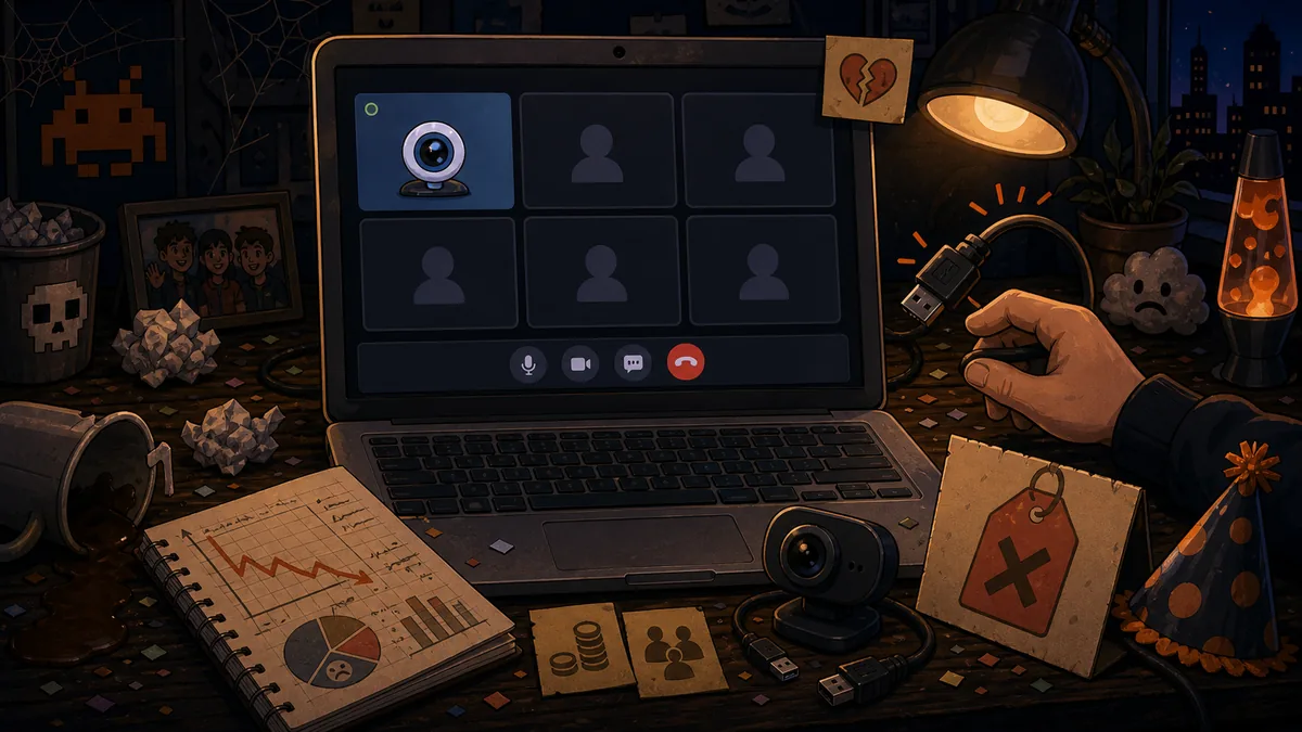 Laptop showing an empty group video chat room with an unplugged cable on the desk