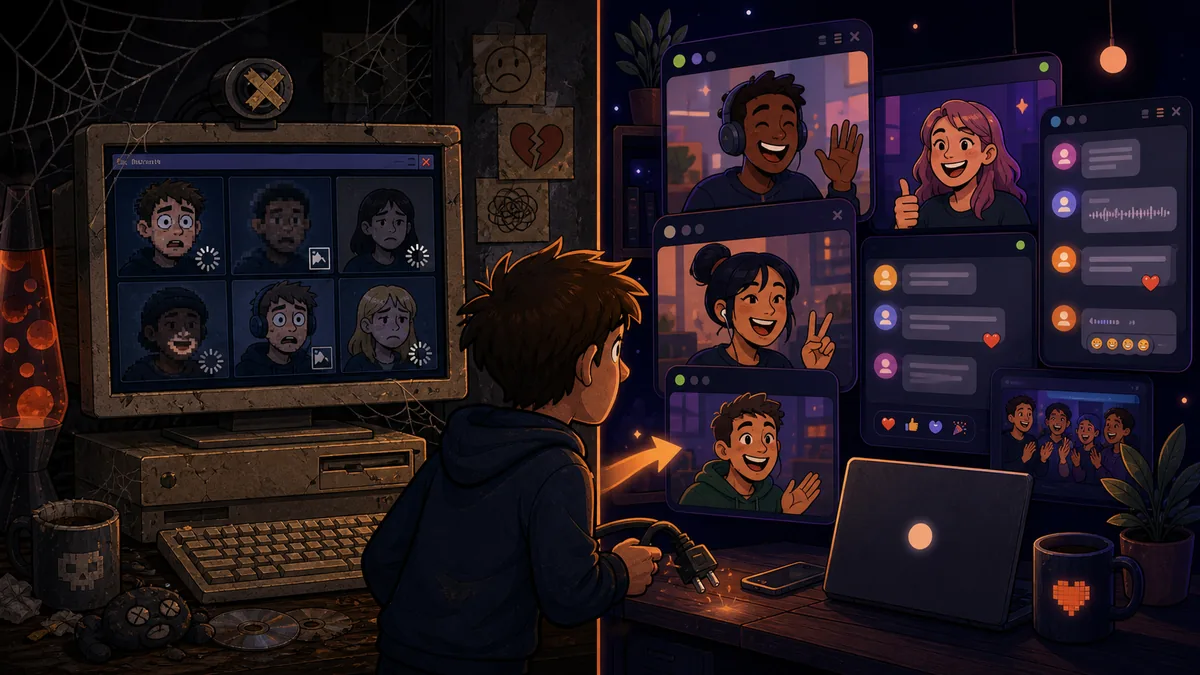 Old frozen video chat grid compared with a smoother modern chat interface