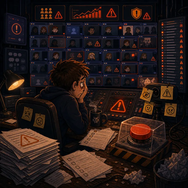 Tired moderator desk facing many warning icons and video chat tiles