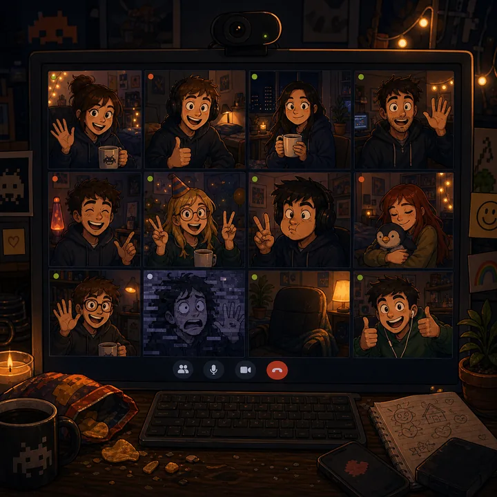 Warm group video chat grid with people waving from different rooms