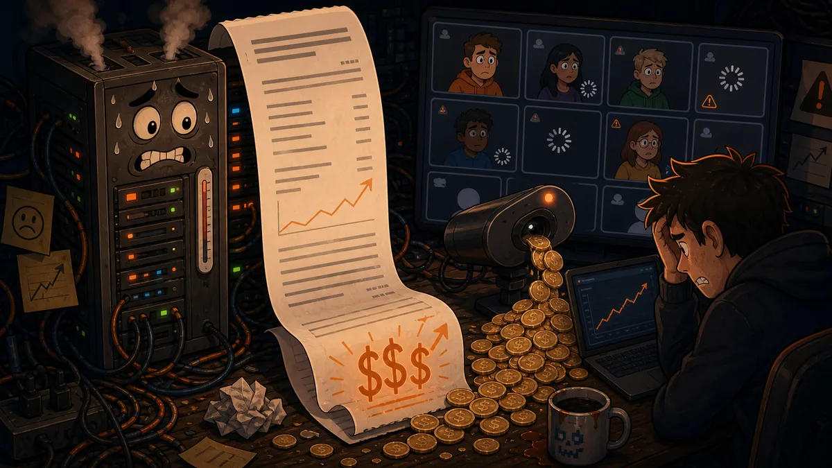 Overheated server beside a large blank bill, coins and a buffering video chat grid