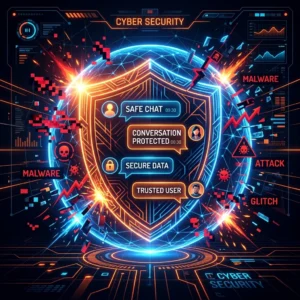 Glowing neon shield defending chat communications from toxic attacks and troll symbols