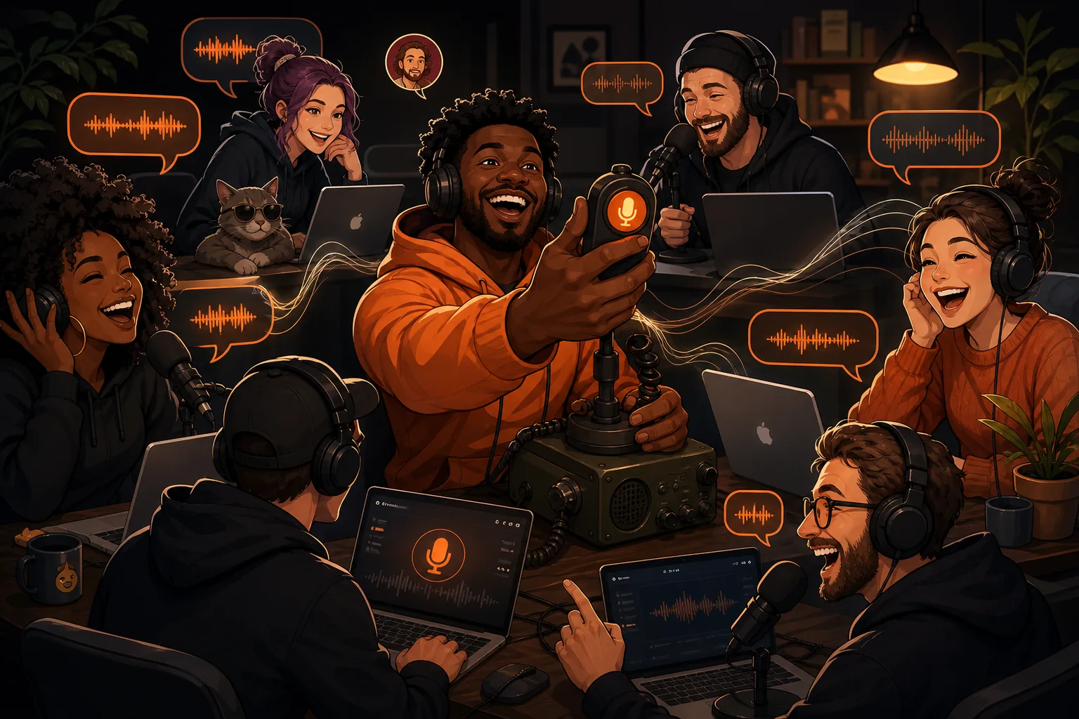 People using microphones and laptops