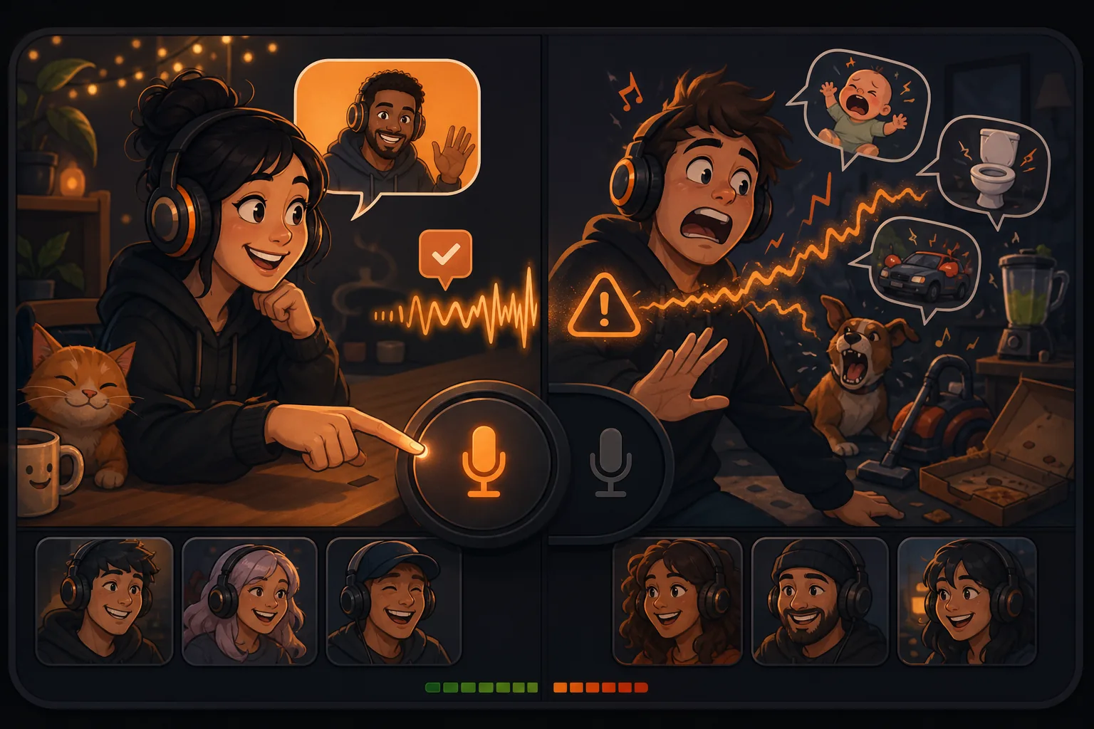 People using headsets and a microphone button