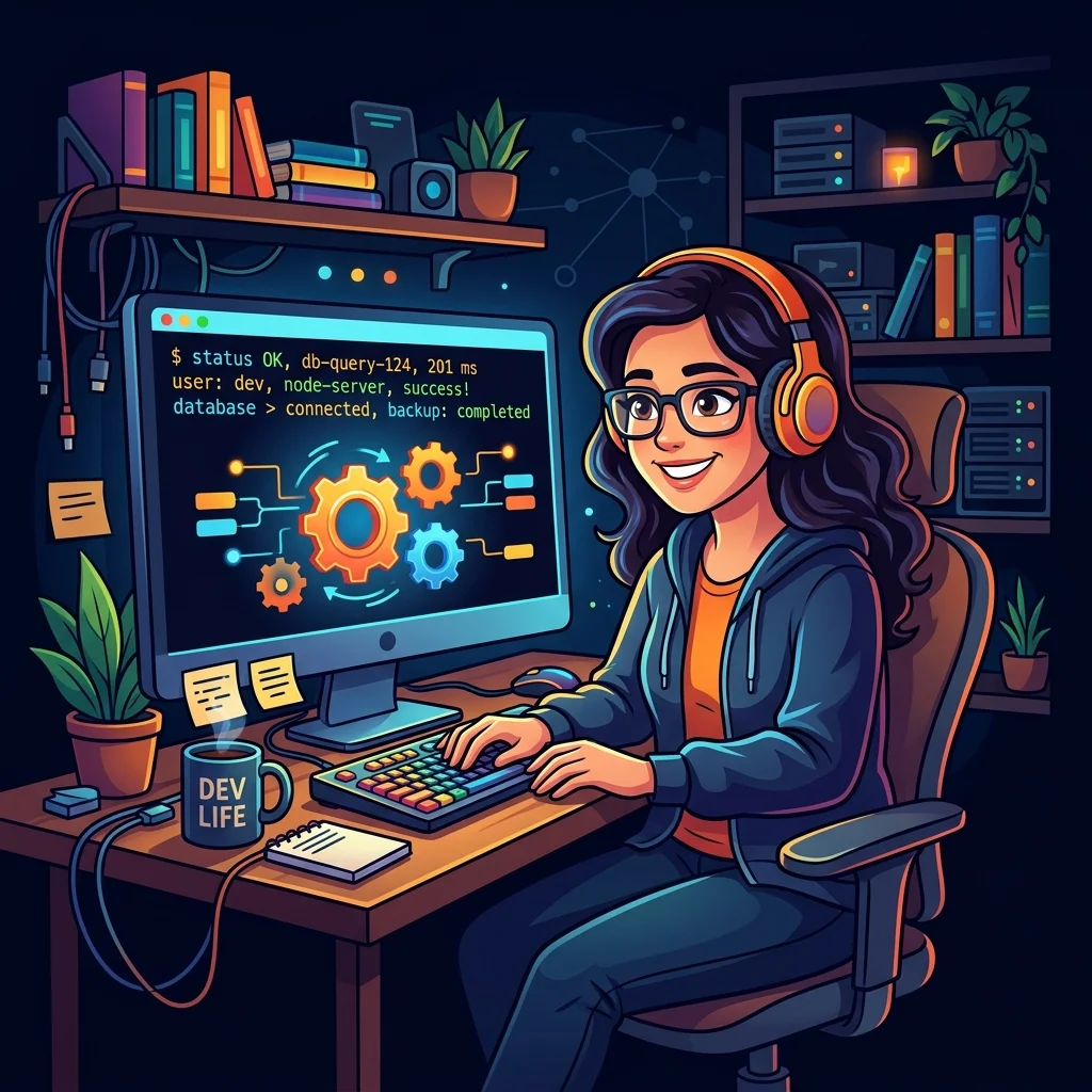 Cartoon vector illustration of a friendly freelancer computer specialist at a desk configuring database settings and code command lines on a screen