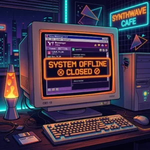 A retro vector illustration of a 1990s desktop computer monitor showing a Yahoo Messenger chat lobby with a neon orange "CLOSED" alert banner across the screen.