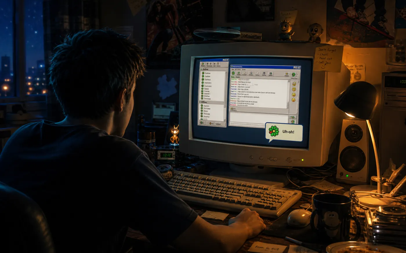 Person using a late-night retro messenger chat program on a bulky desktop computer