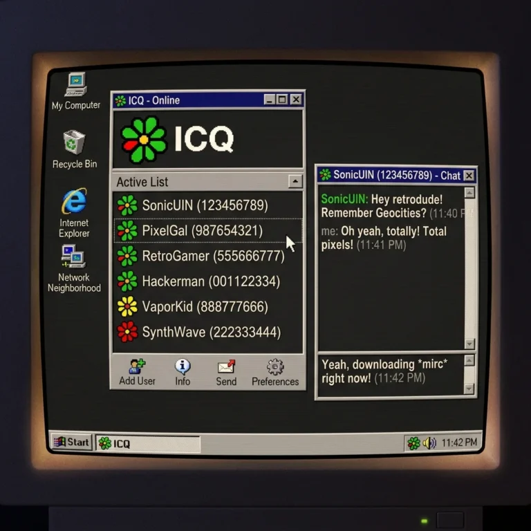 A nostalgic simulation of the classic ICQ chat client from the late 90s, displaying a message exchange with a green daisy flower status indicator, Windows 98 menu bar, and typewriter dialogue on a retro desktop background.