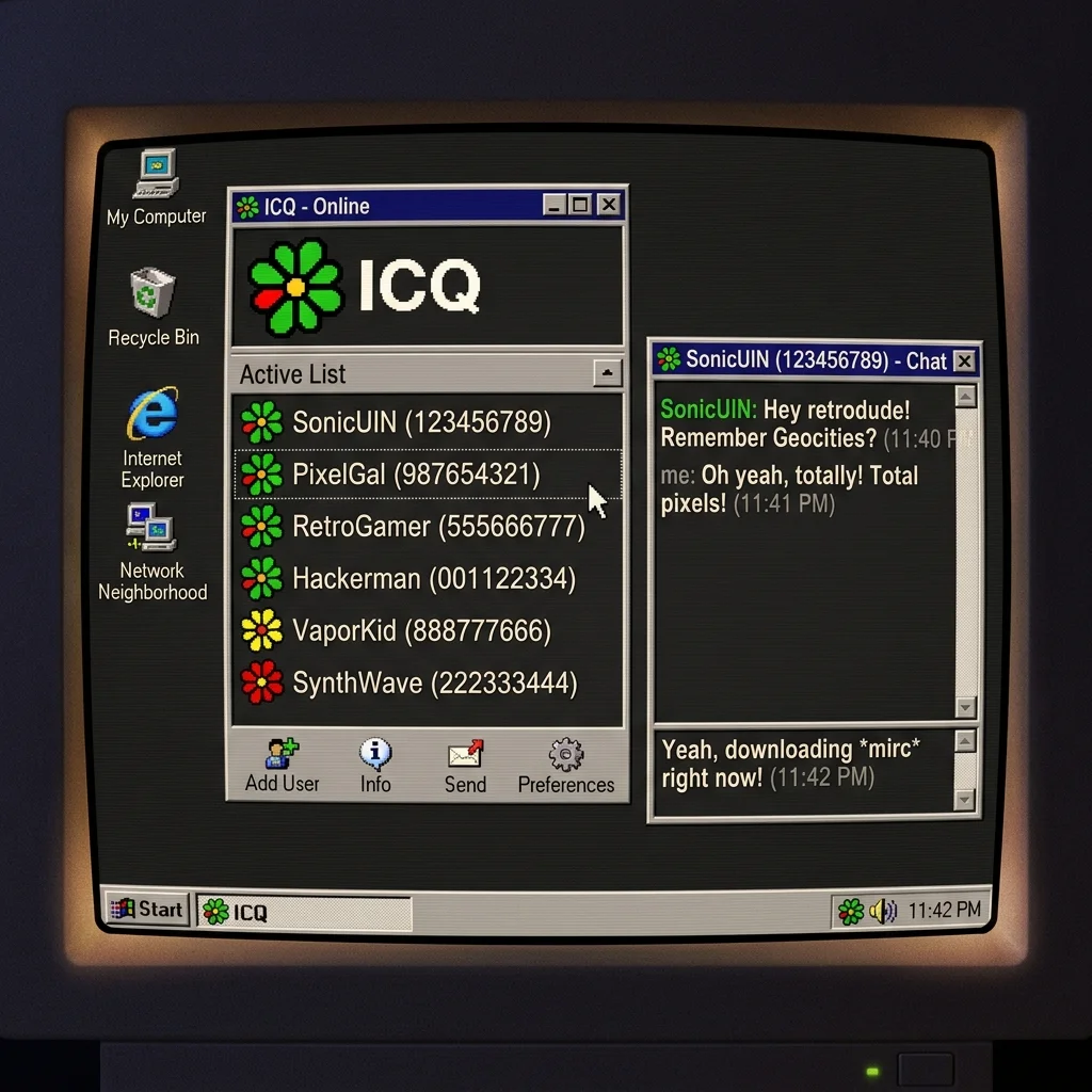 A nostalgic simulation of the classic ICQ chat client from the late 90s, displaying a message exchange with a green daisy flower status indicator, Windows 98 menu bar, and typewriter dialogue on a retro desktop background.
